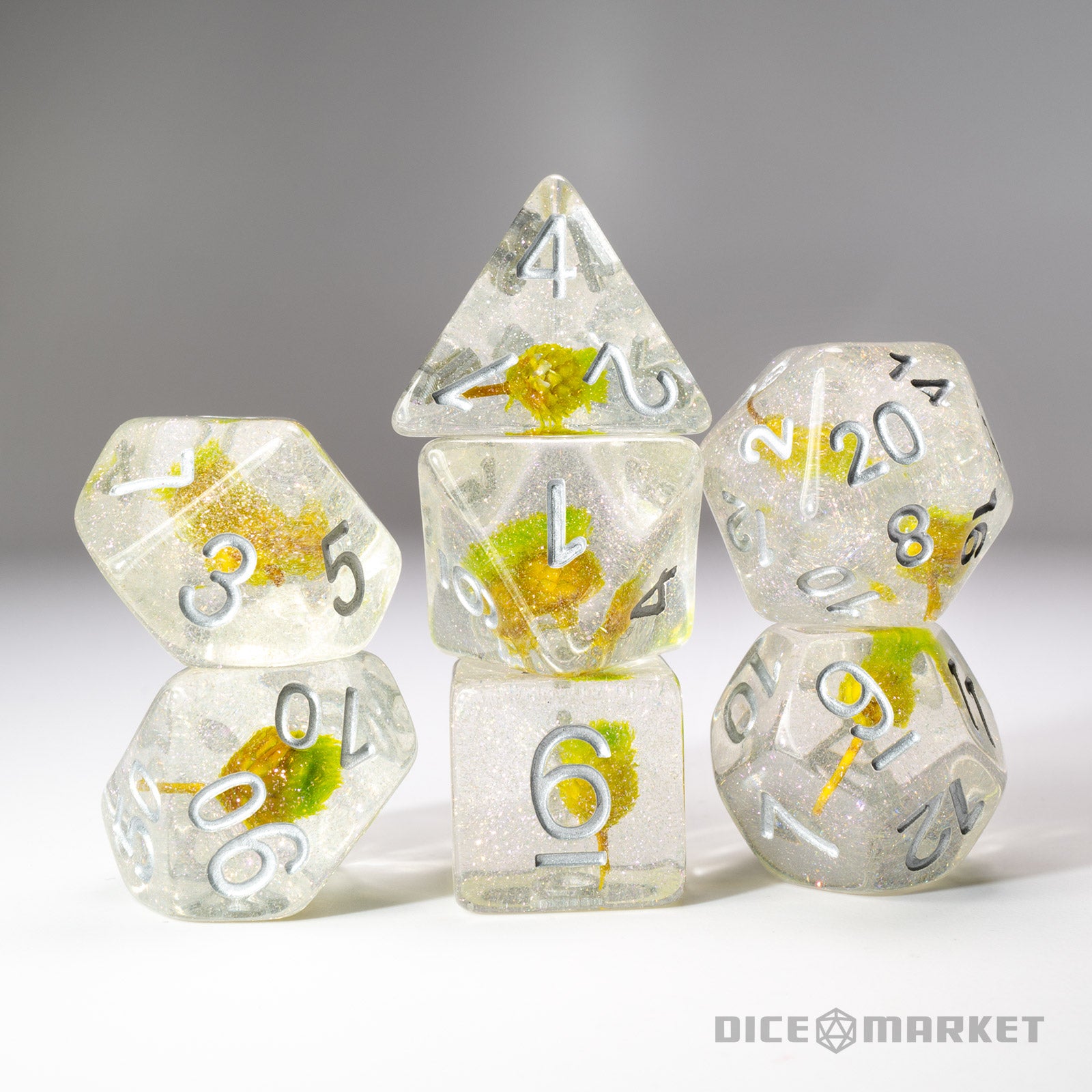 Yellow Flowers with Silver Ink Polyhedral RPG Dice Set